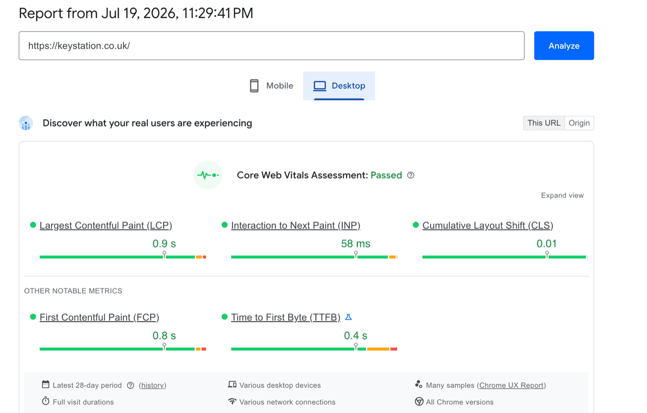 Google PageSpeed Insights showing Core Web Vitals passed on desktop for keystation.co.uk.