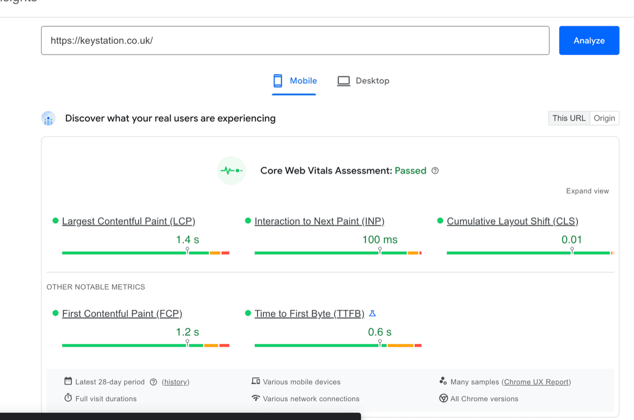 Google PageSpeed Insights showing Core Web Vitals passed on mobile for keystation.co.uk.