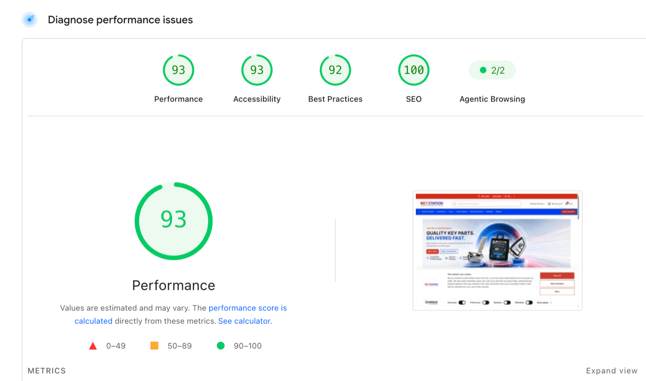 Lighthouse report for keystation.co.uk showing Performance 93, Accessibility 93, Best Practices 92 and SEO 100.