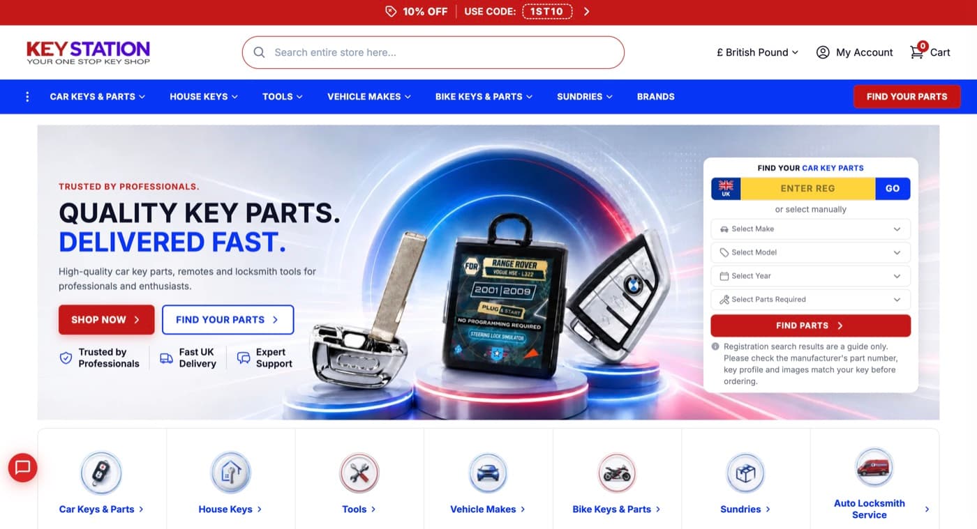 Keystation homepage, a Magento car-key parts store.